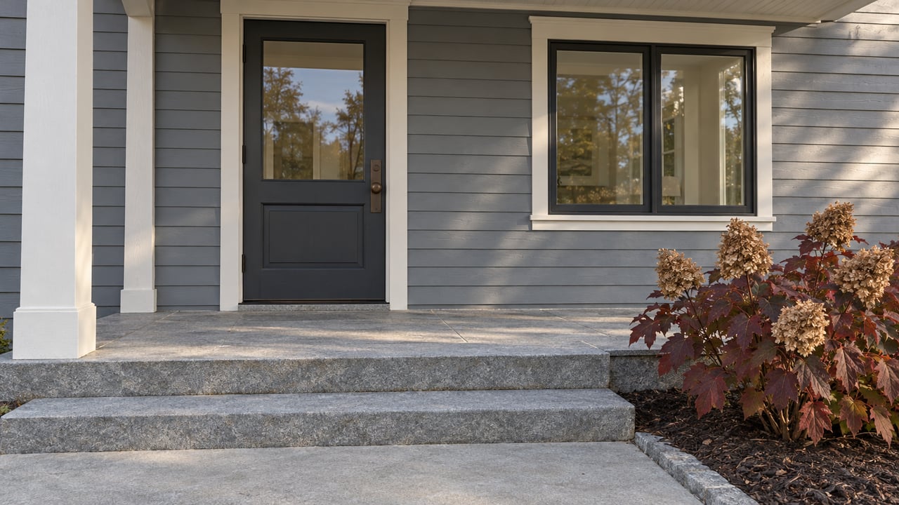 Gray clapboard home entrance with a glazed charcoal door, black-framed window, granite porch steps and autumn oakleaf hydrangea.