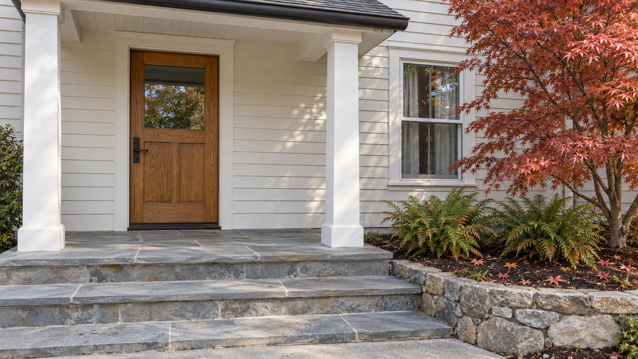 An ivory clapboard home's sheltered oak front door and bluestone steps beside a copper-red Japanese maple.