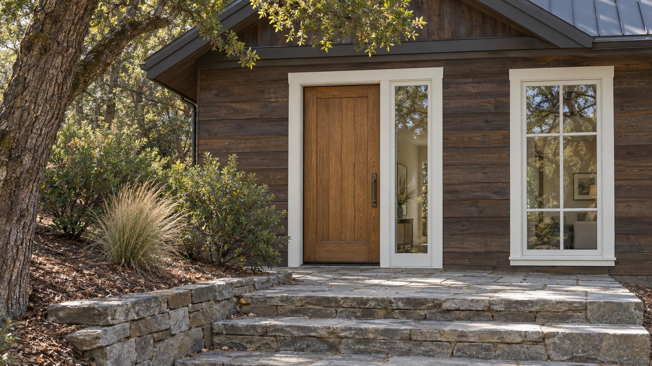 Cedar-clad hillside entry with an oak door, white-trimmed window, and broad sandstone steps.