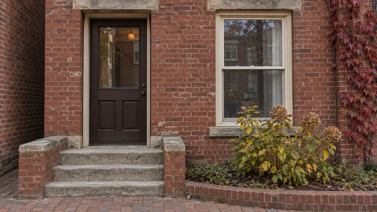 A red-brick residential entrance with a closed brown door, cream-trimmed window, worn concrete steps and burgundy climbing leaves.