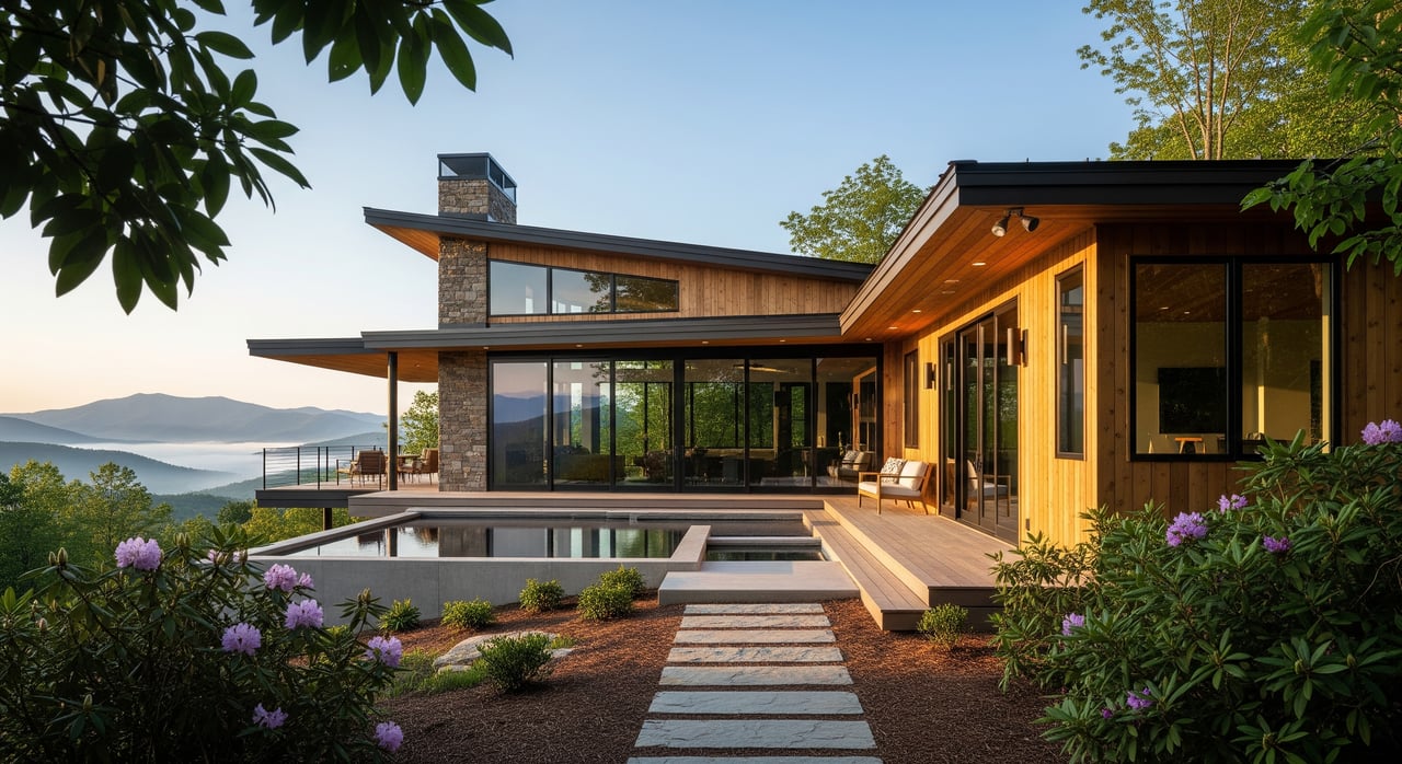 Modern timber-and-glass house with a stone path, flowering shrubs, and distant mountain views.