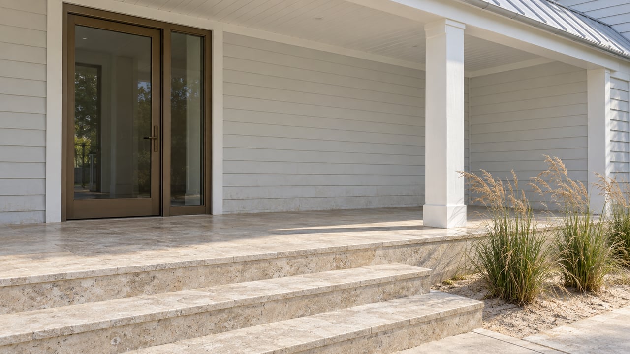 Sunlit covered entry with pale horizontal siding, bronze-framed glass, limestone steps and three clumps of sea oats.