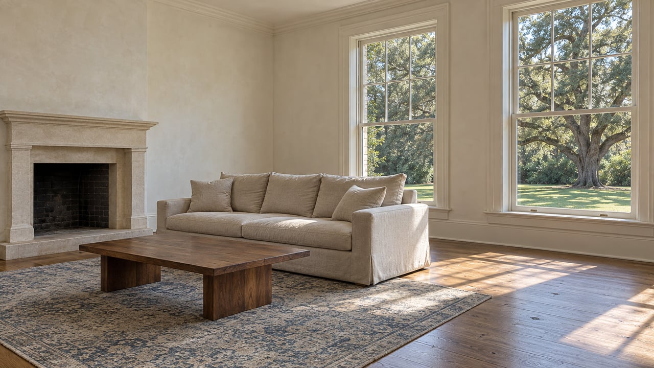 Sunlit estate drawing room with a limestone fireplace, linen sofa, oak floors and tall windows overlooking a mature live oak.