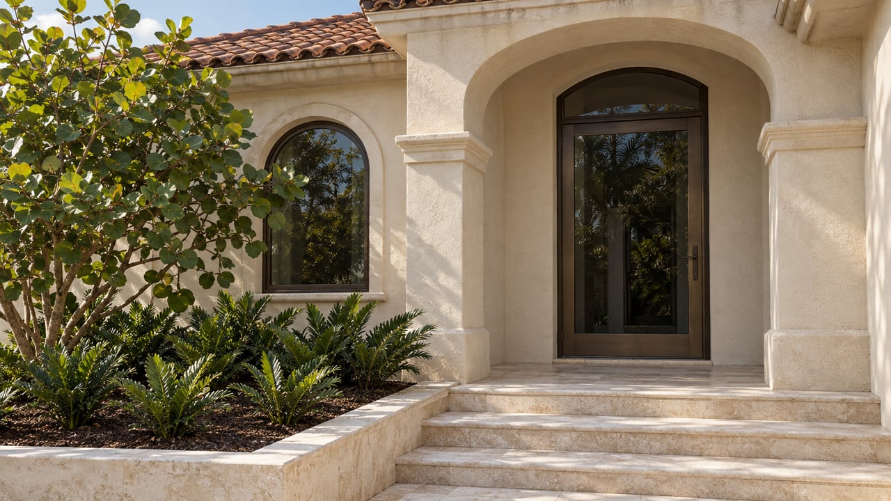Arched ivory stucco home entrance with bronze-framed glazing, clay roof tiles, limestone steps and sculptural tropical planting.