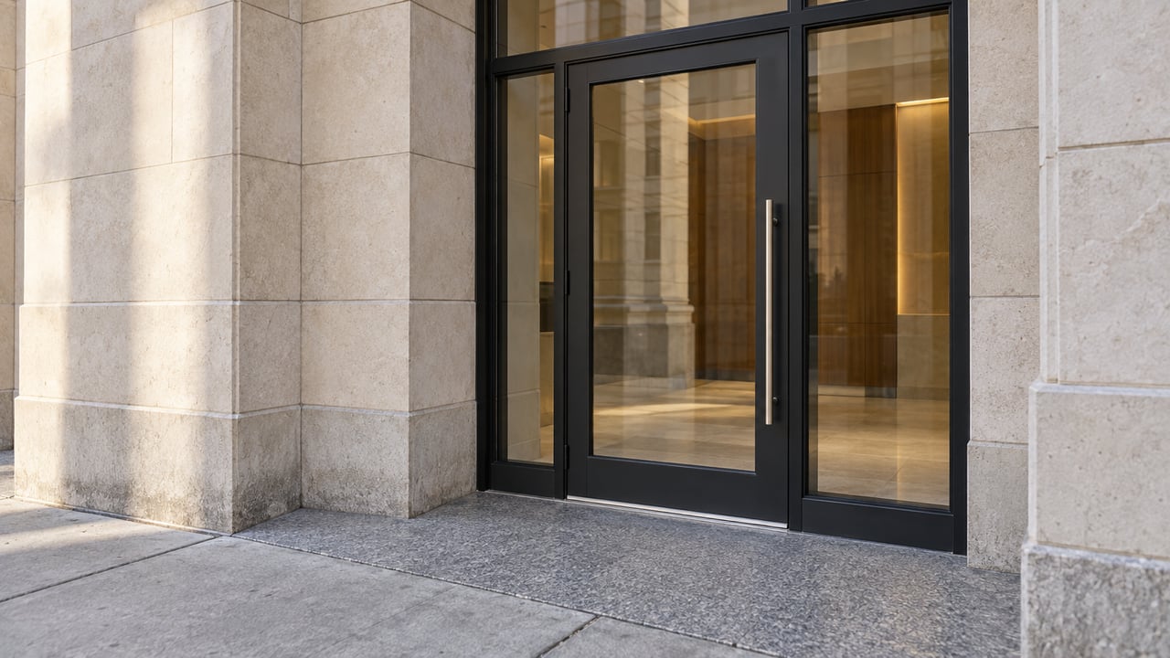 Close view of a limestone condominium entrance with a black-steel glass door and a textured granite landing.