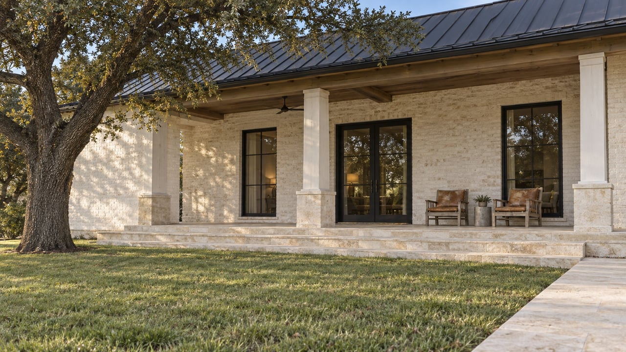 Light-brick home with a dark metal roof, raised limestone porch and black-framed windows, viewed across a broad lawn beside a mature live oak.