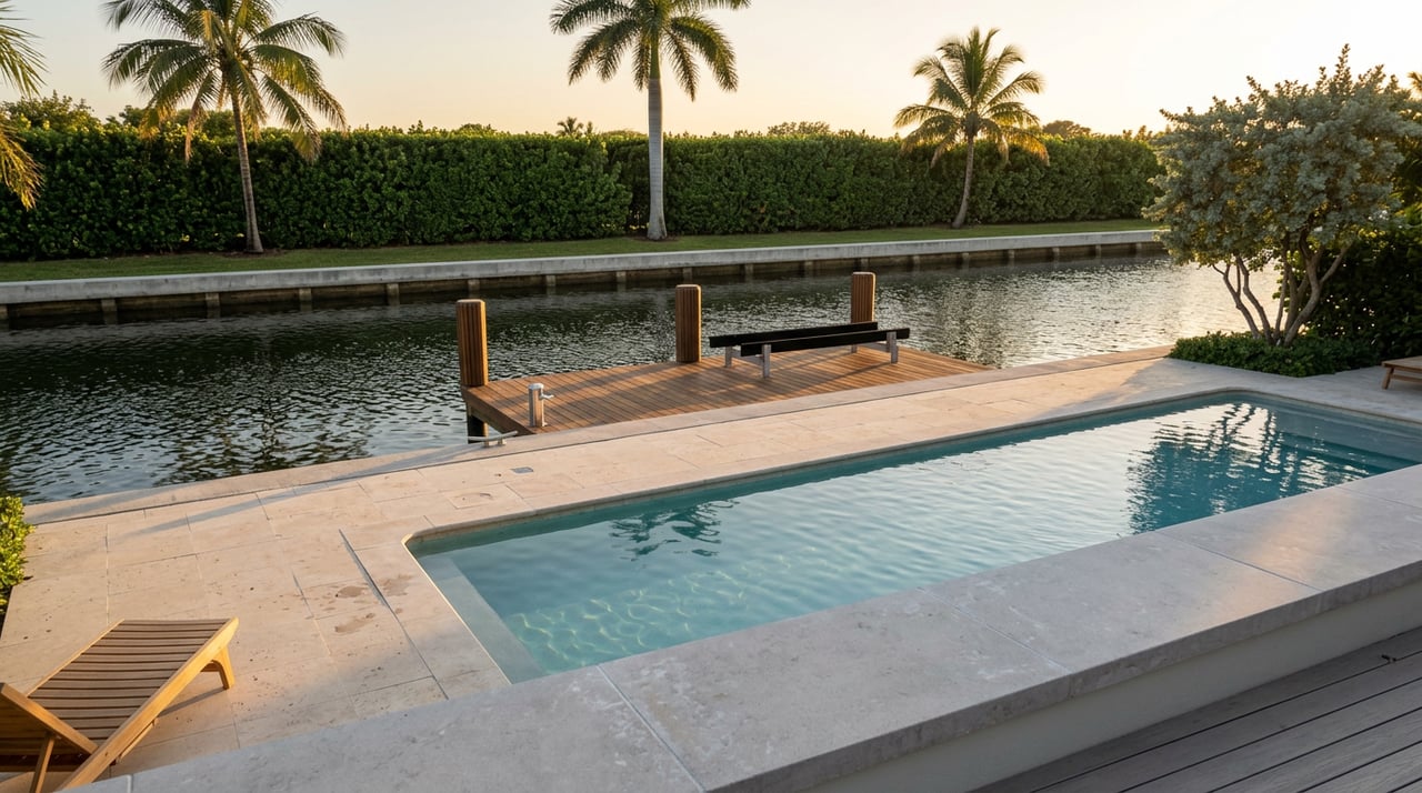 Canal-front pool and private dock with an empty boat lift, palms, and a clipped hedge in golden light.