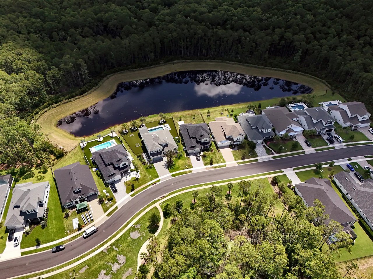Aerial view of a curving Palm Crest street with homes backing onto a pond, ringed by preserve.