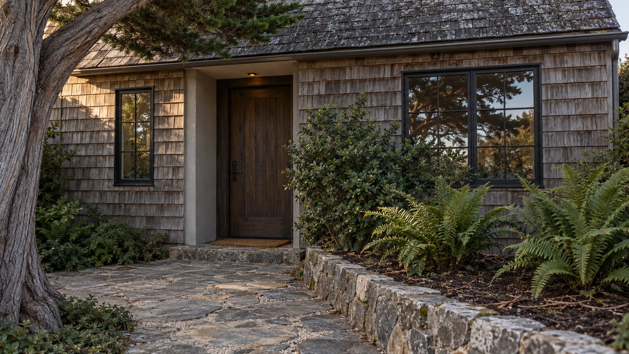 Weathered cedar-shingled cottage with a recessed timber door, black casement windows, and a raised stone-edged planting bed.