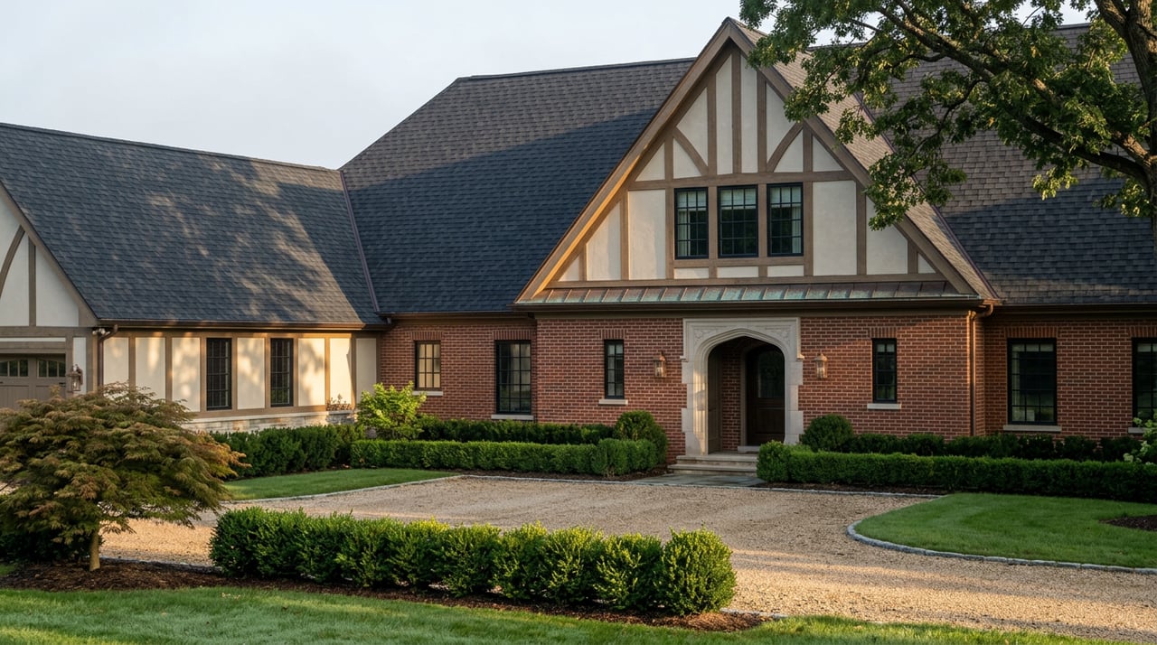Traditional estate with a half-timbered gable, red-brick facade, arched stone entry, and curving gravel drive.