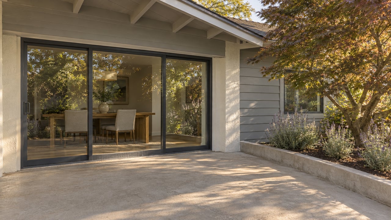 Covered patio with sliding glass doors, an indoor dining table, and a Japanese maple in a raised bed.