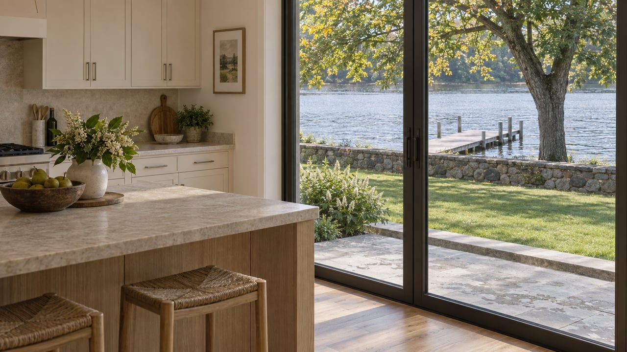 Kitchen island beside glass doors overlooking a sloping lawn, stone retaining wall, water, and a timber dock.
