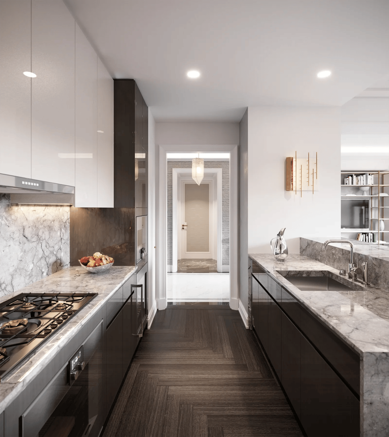Luxury kitchen with veined marble counters, dark cabinetry, and a gas cooktop.