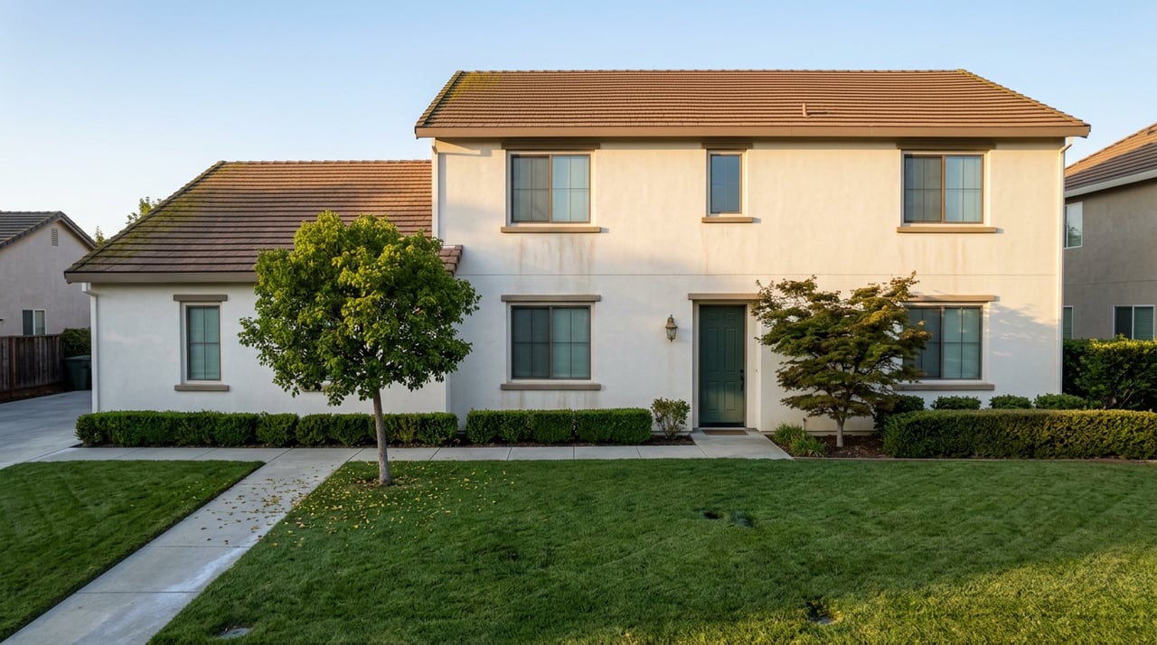 Two-story stucco home with a terracotta tile roof, green entry door, and a Chinese pistache beside the walkway.