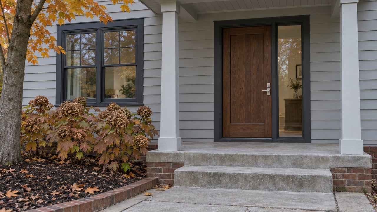 Renovated home entry with a dark oak door, gray clapboard siding, brick foundation and autumn planting beside concrete porch steps.