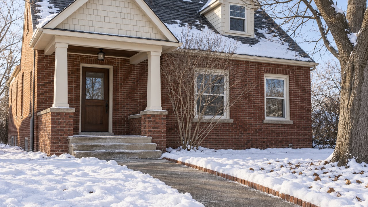 Snow-covered front garden and cleared walk leading to a red brick home with a covered porch, limestone steps and bare trees.