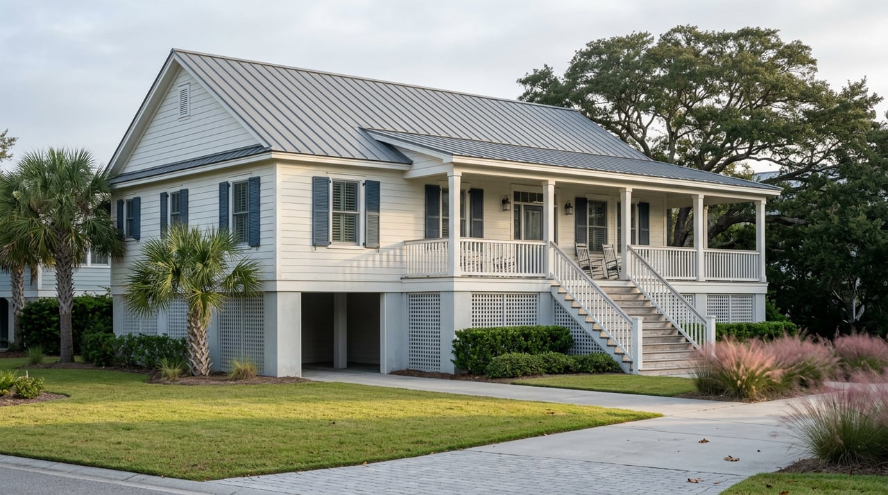 Elevated coastal home with a pewter metal roof, slate-blue shutters, lattice-screened parking, and a broad live oak.