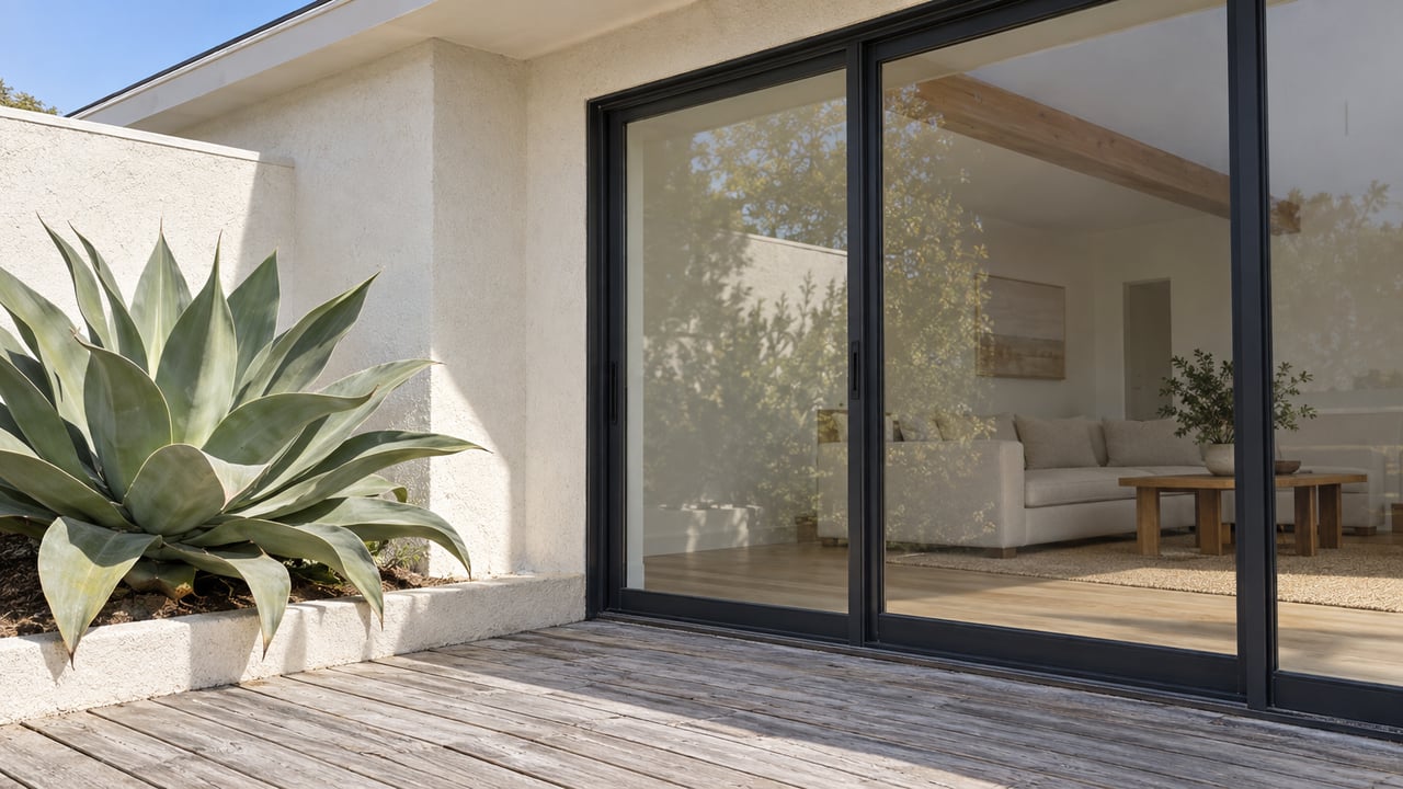 Off-white stucco patio with black-framed sliding glass doors, timber deck, and a large agave.