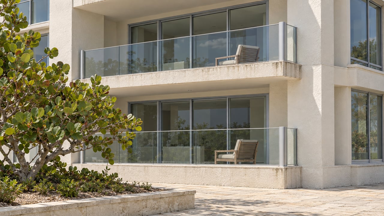 Two recessed condominium balconies with glass balustrades, weathered white stucco, and a sea grape tree beside a limestone approach.