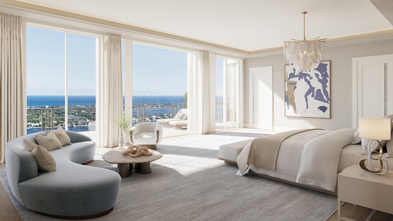 South Flagler House primary bedroom rendering in West Palm Beach.