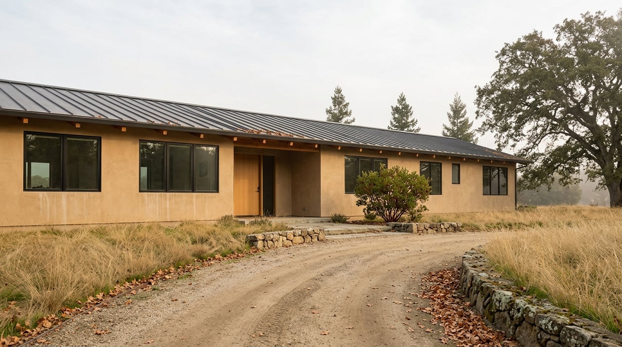 Single-story tan stucco home with charcoal metal roof, black-framed windows, and a gravel driveway beneath an oak canopy.