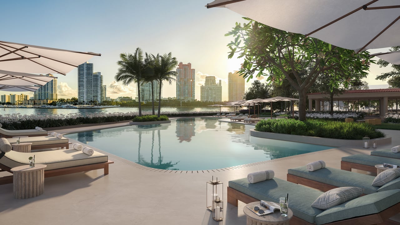Six Fisher Island amenities swimming pool with bay view