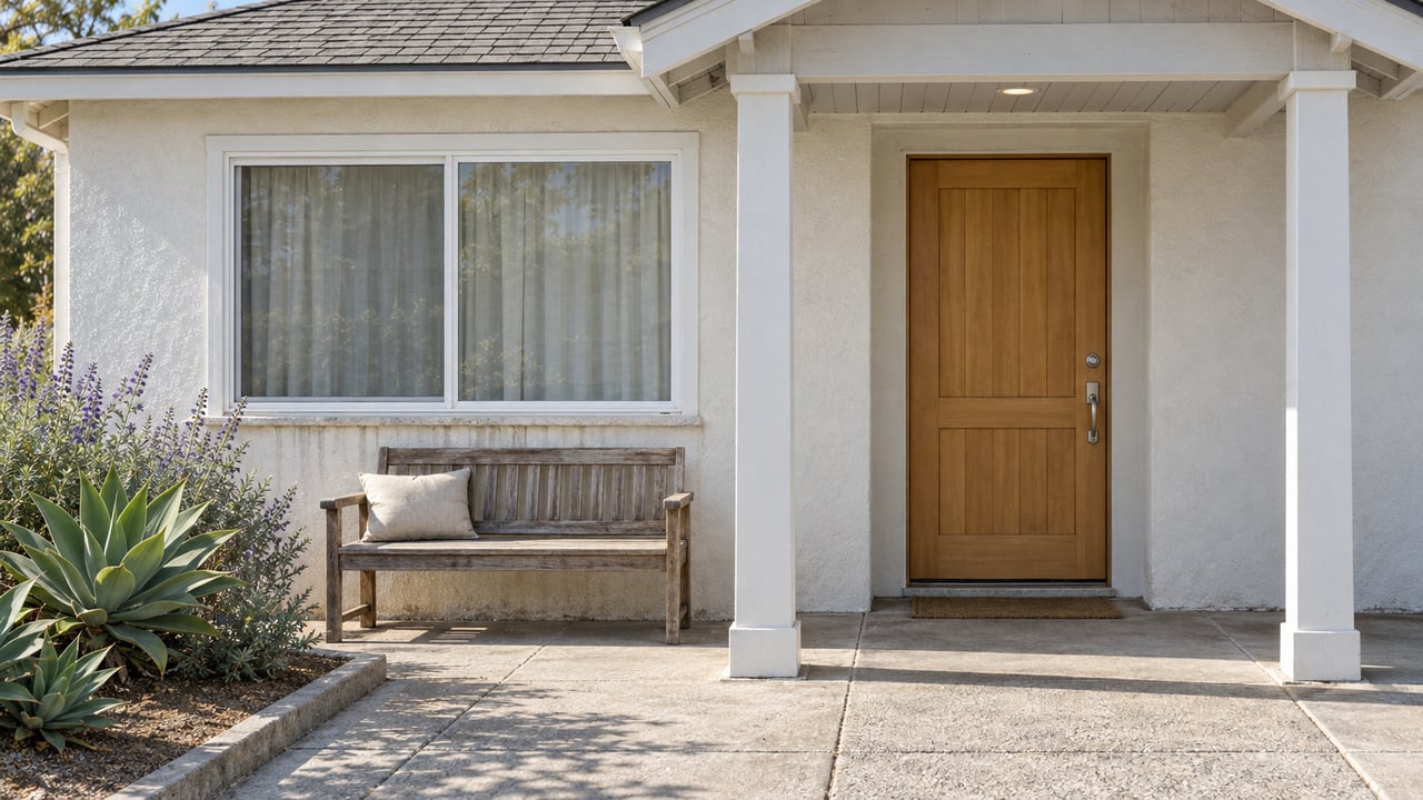 White stucco cottage with a timber front door, teak bench, and compact planted concrete terrace in bright daylight.