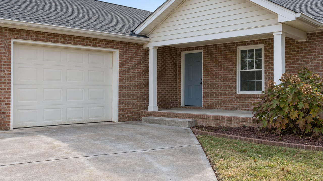 A modest brick ranch with a closed cream garage door and covered blue-door entry, seen across a concrete driveway beside autumn oakleaf hydrangea.