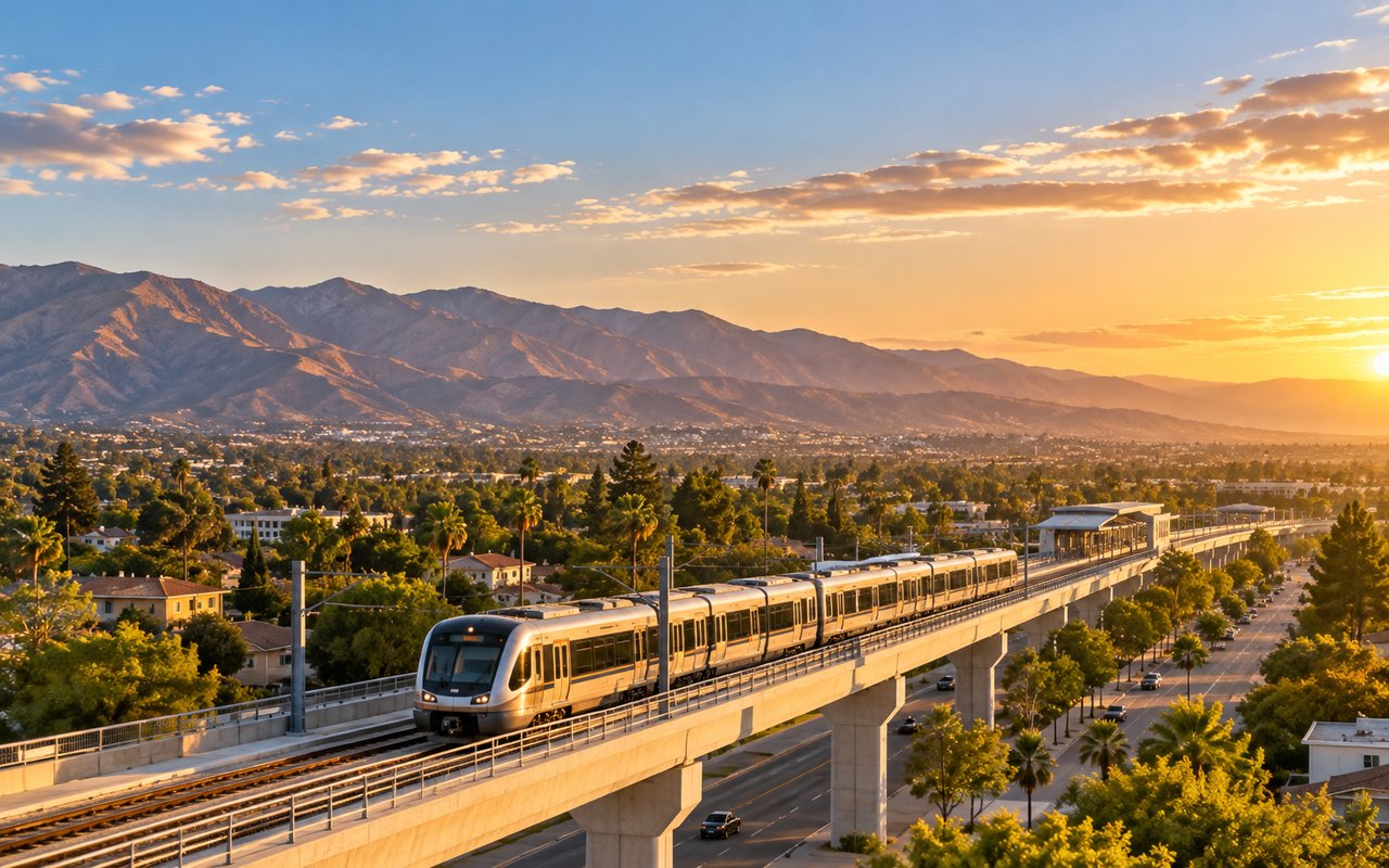 Aerial view of a light rail train traveling above a San Fernando Valley neighborhood at sunset, with residential homes, palm trees, and the San Gabriel Mountains in the background.