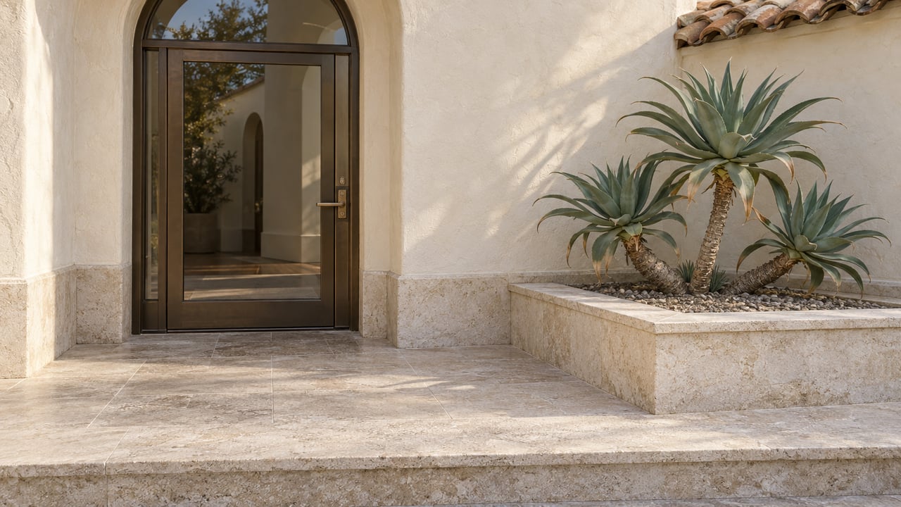 Cream stucco entry with an arched bronze-framed glass door, worn limestone steps and a sculptural aloe in a raised stone bed.