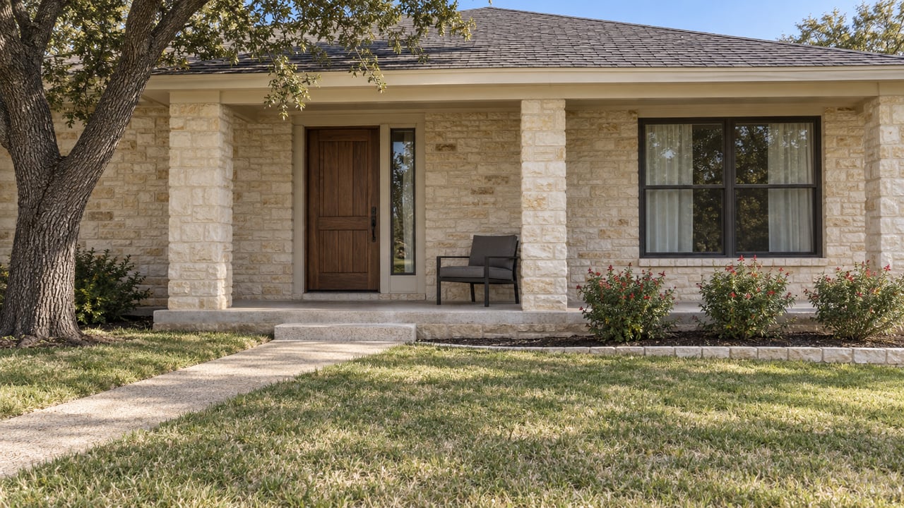 A limestone single-story home with a covered front porch, dark-framed window and a broad lawn beneath a spreading live oak.