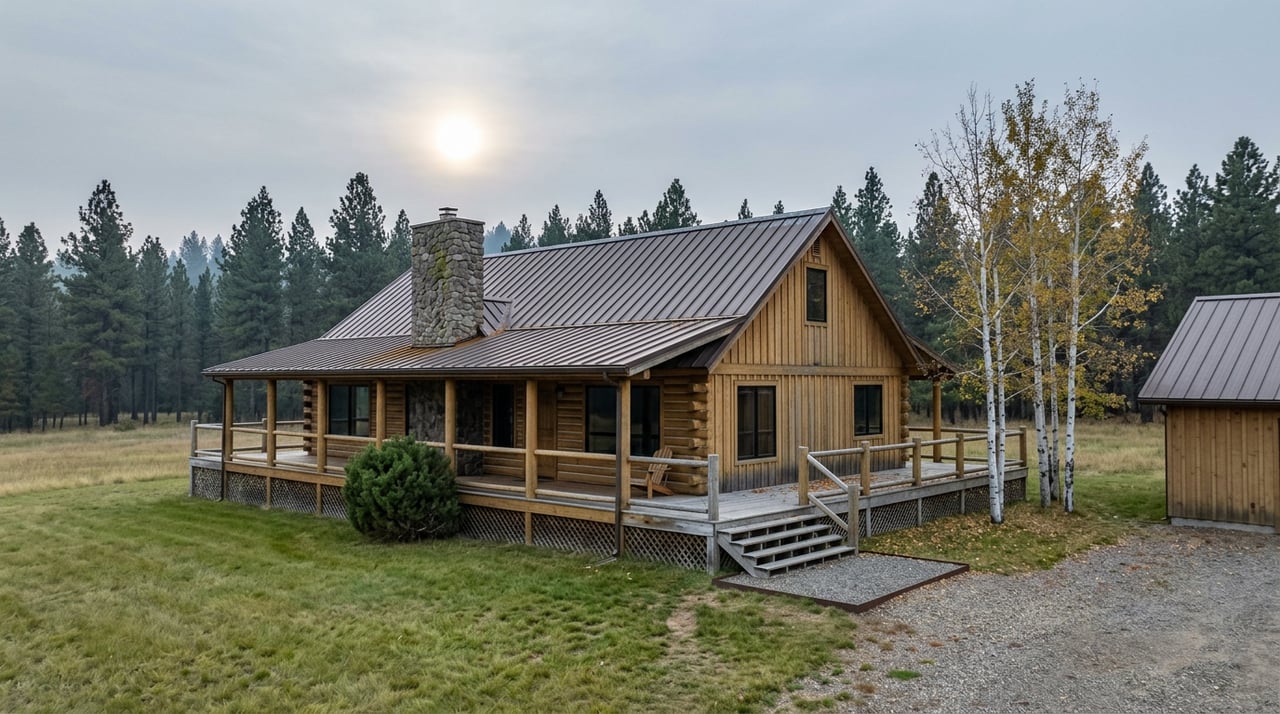 Timber-and-stone home with wraparound deck stands in meadow, backed by pines and golden-leaved aspens.