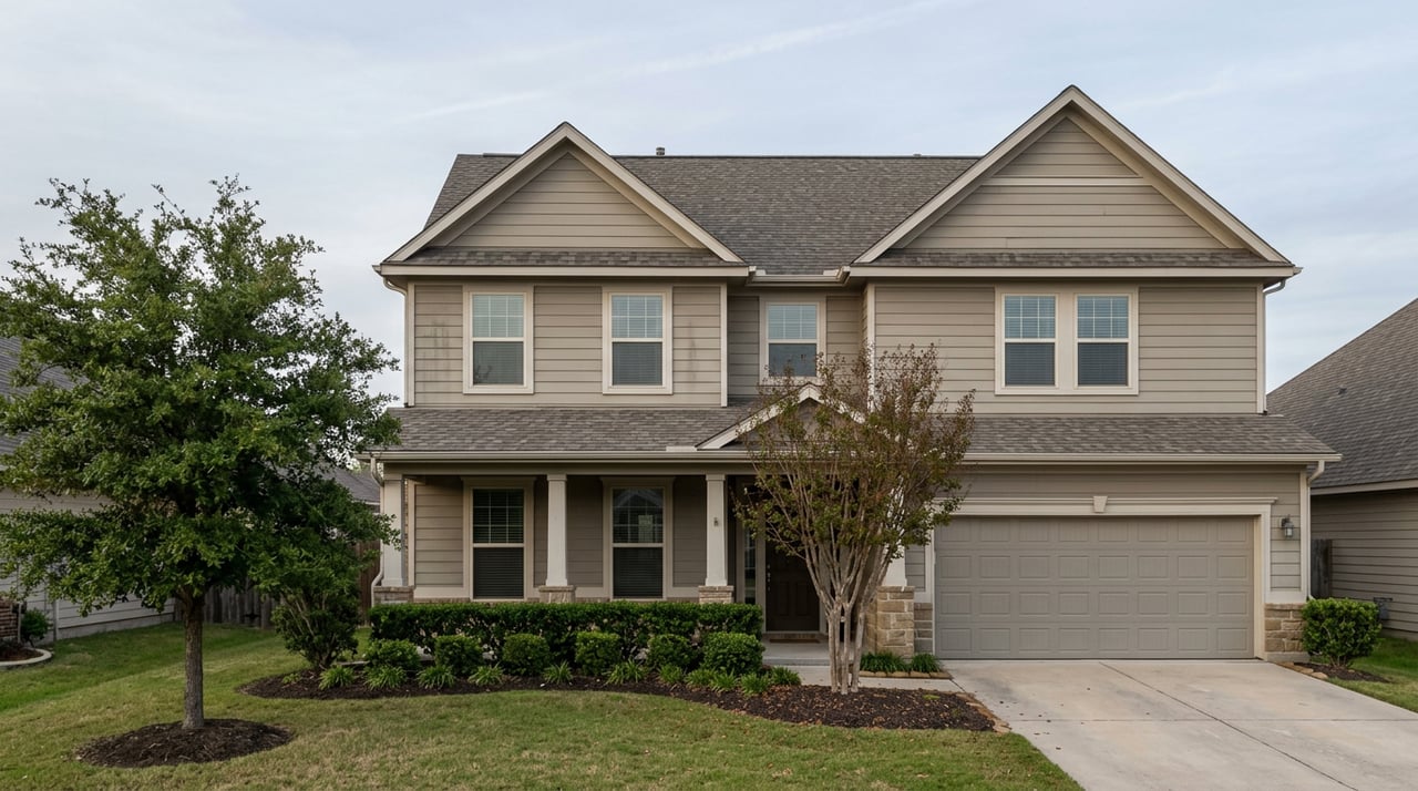 Two-story greige home with twin gables, a stone-pier porch, curved driveway, and broad-canopied oak.