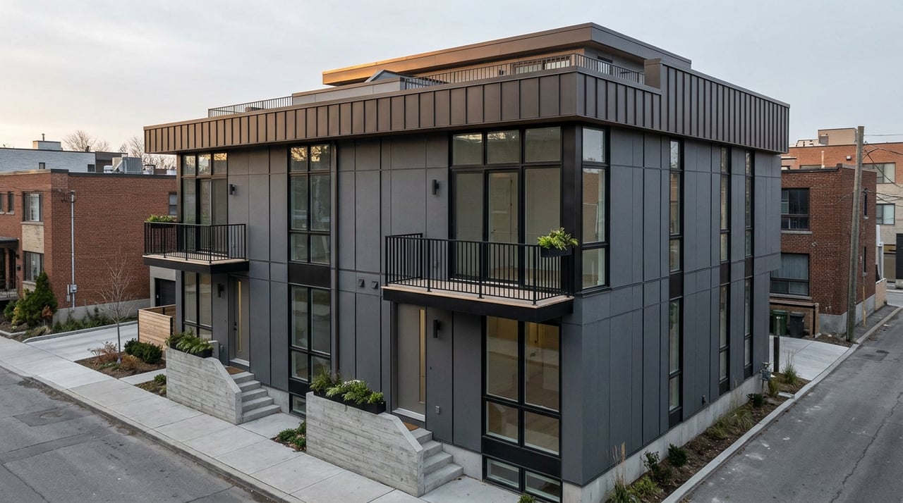 Two charcoal-sided townhomes with black-framed windows, balconies, concrete steps, and a Japanese maple.