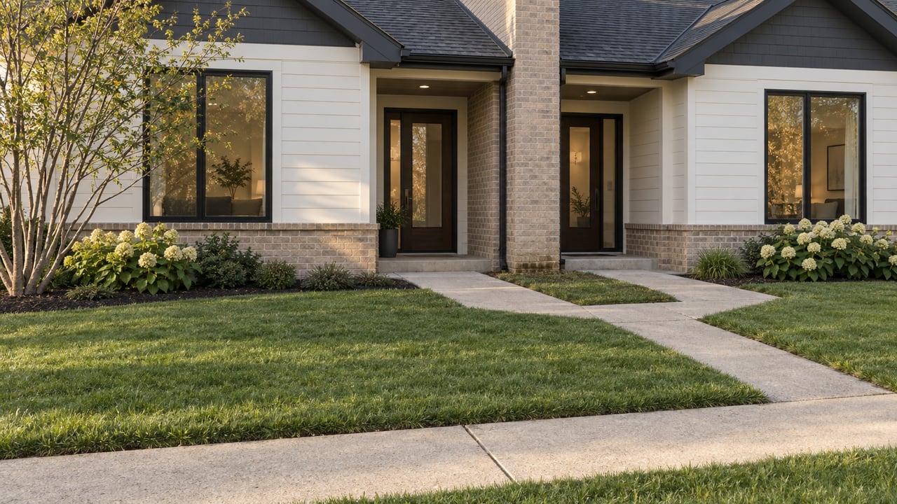 Two attached off-white homes with charcoal gables, brick bases, separate recessed entrances, and a shared front lawn.