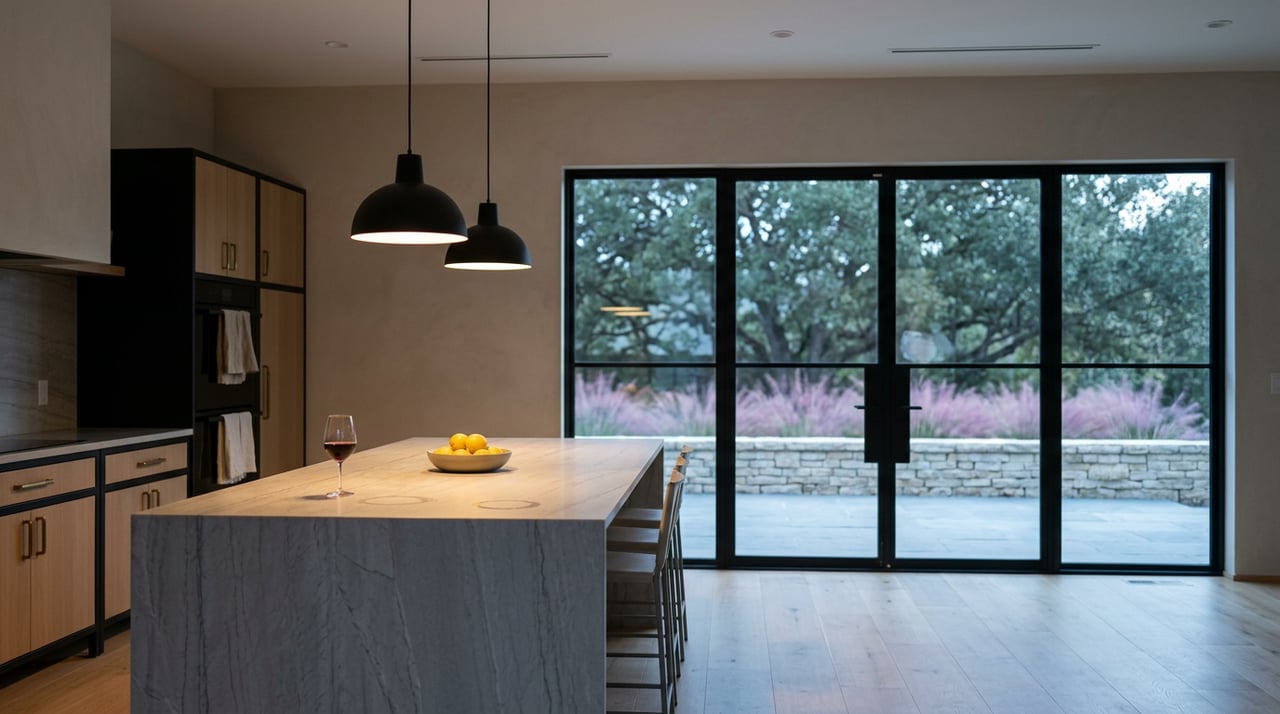 Kitchen island with a glass of red wine and lemons, pendant lights, and dusk-lit glass doors overlooking an oak canopy.