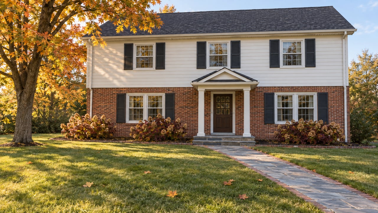 Brick-and-ivory-clapboard home with dark shutters, a stone front walk, deep lawn, and a gold-leaved maple in afternoon light.