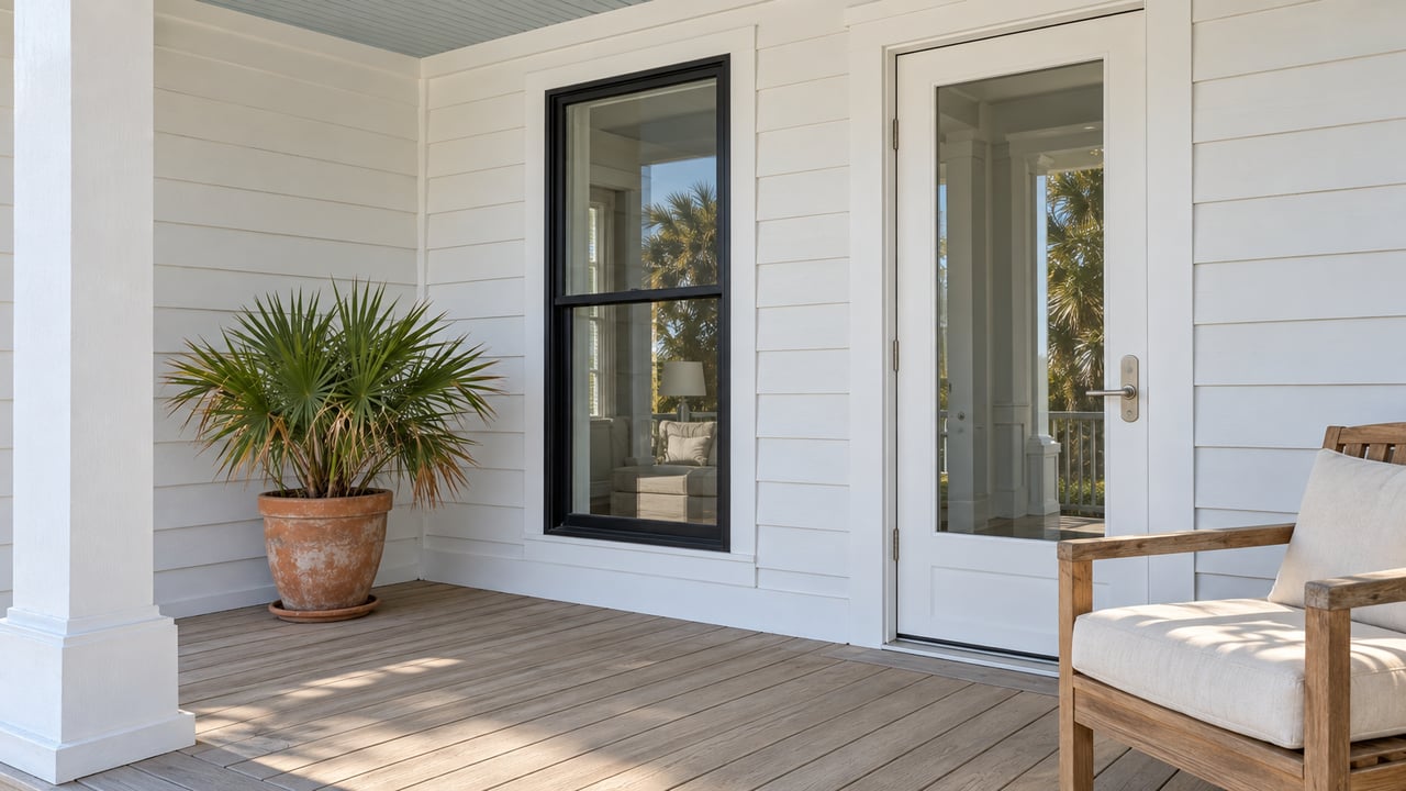 Sunlit covered porch with white lap siding, a glazed entry door, weathered teak chair and a potted saw palmetto.
