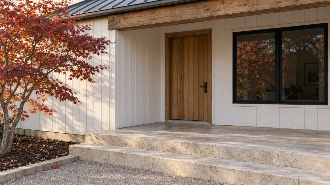 A covered white-sided home entry with an oak door, pale limestone steps and a copper-red Japanese maple.