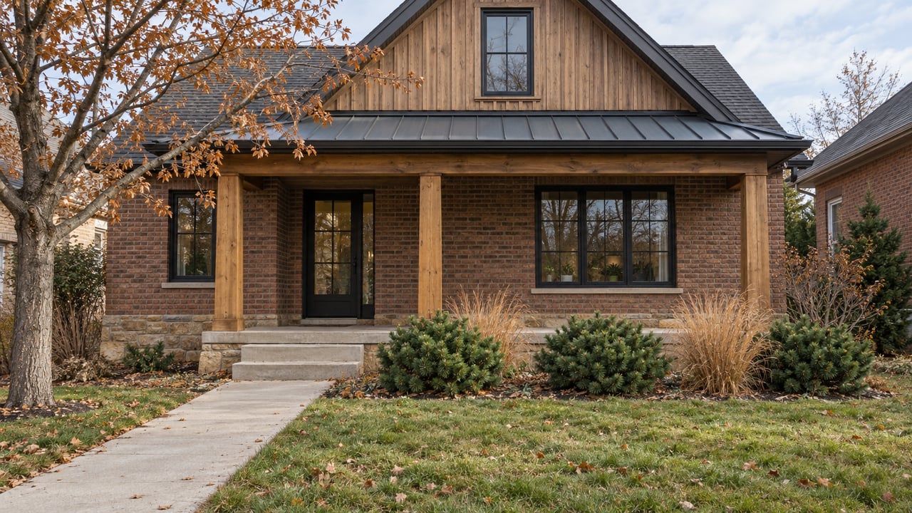A compact brick home with a steep cedar gable, timber porch, sandstone foundation, and an autumn front garden.
