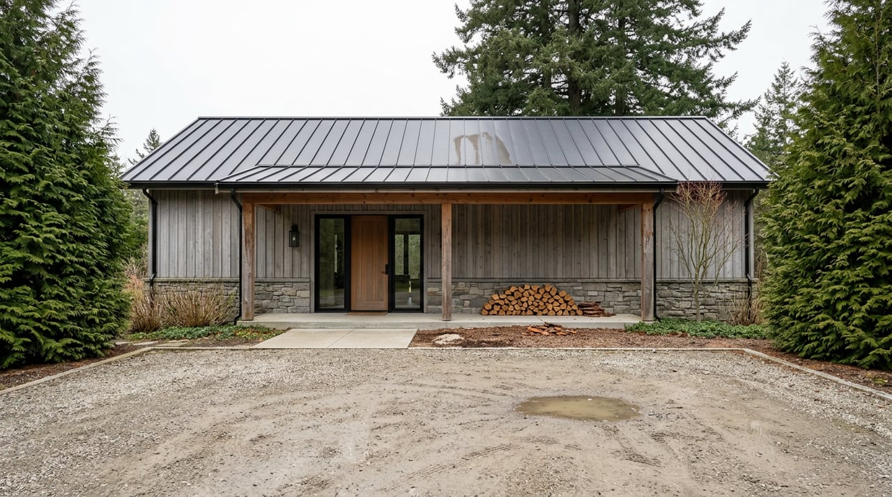 Modern stone-and-cedar home beyond a gravel motor court, framed by tall conifers under an overcast sky.