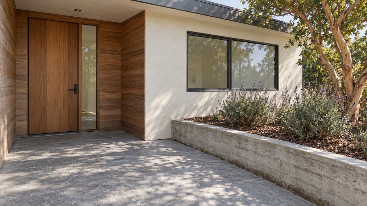Cedar entry and cream stucco facade with dark-framed glazing, a gray stone landing and a planted concrete retaining edge.