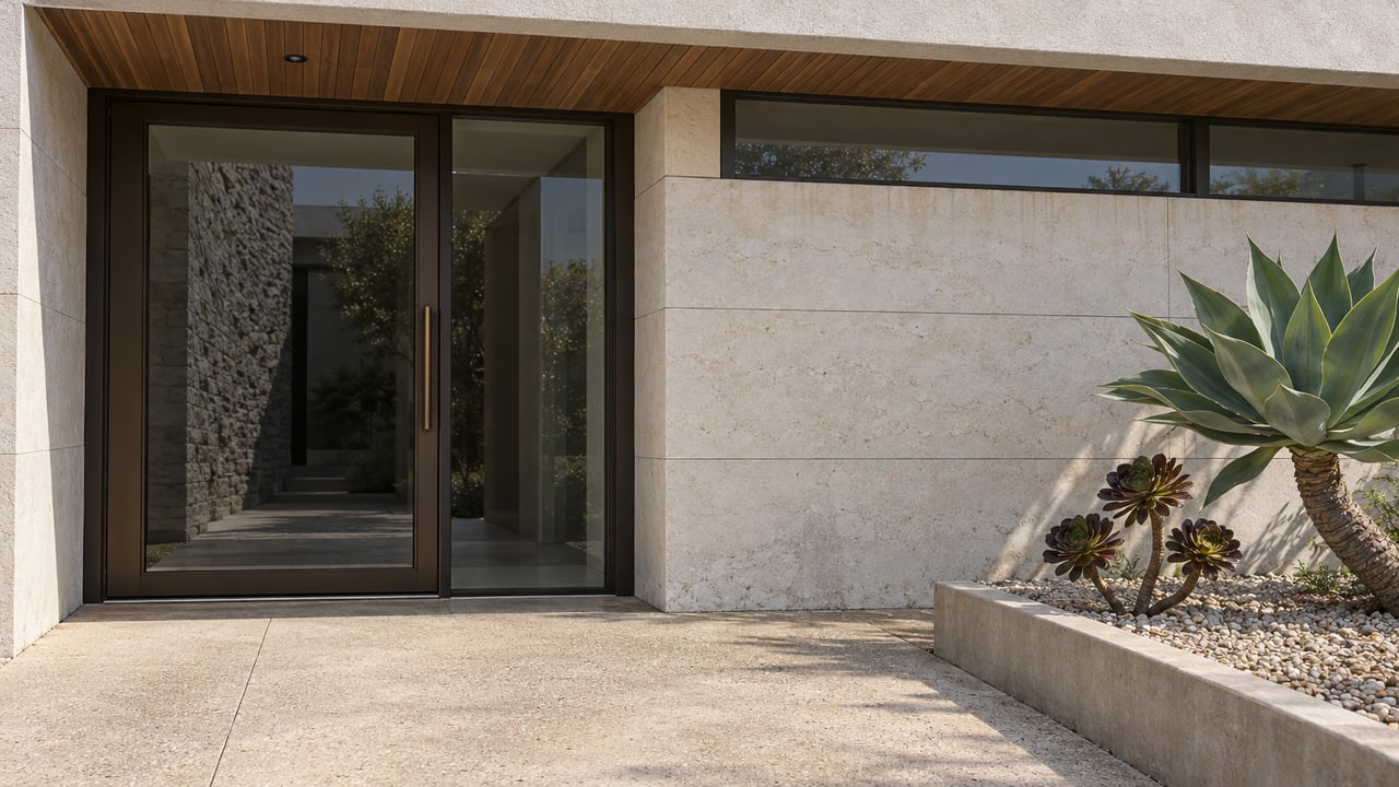 Modern stone home entrance with a dark-framed glass door and a succulent planter.