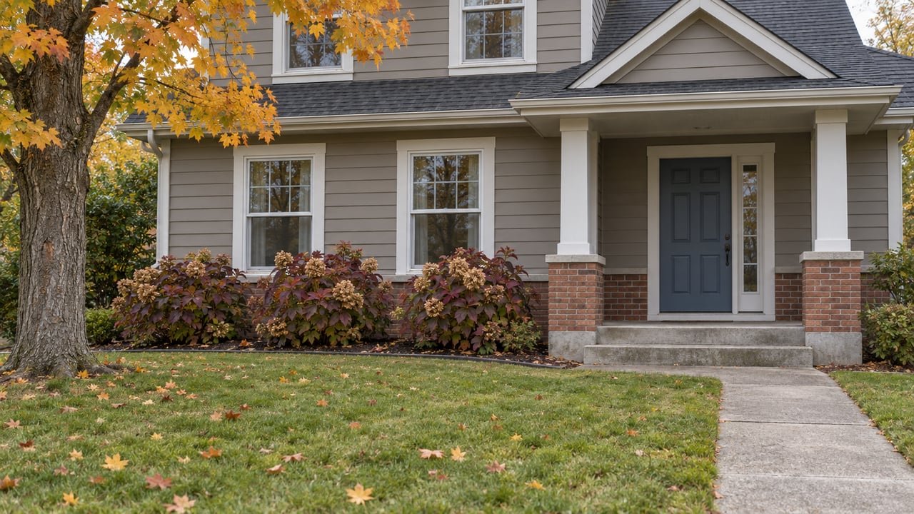 Gray-sided two-story home with brick foundation, a covered entry, deep green front lawn and a maple turning gold.