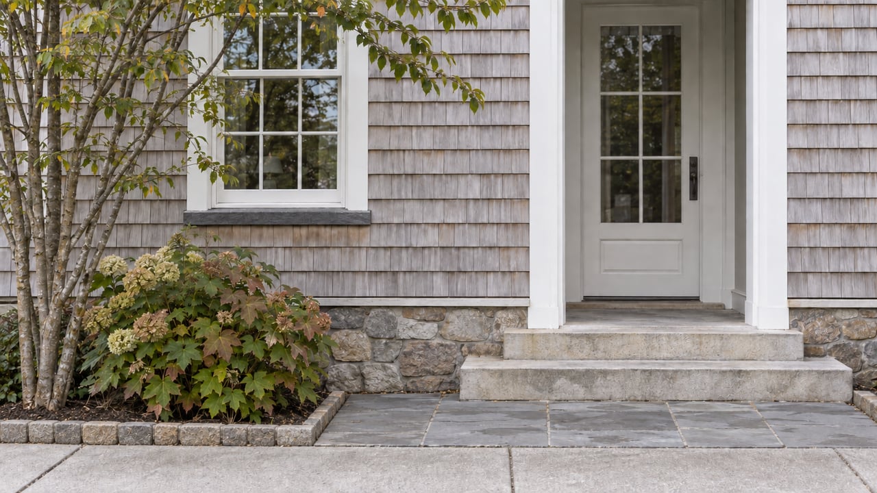 Fieldstone edging separates dark planting soil from a gray stone approach and concrete sidewalk.