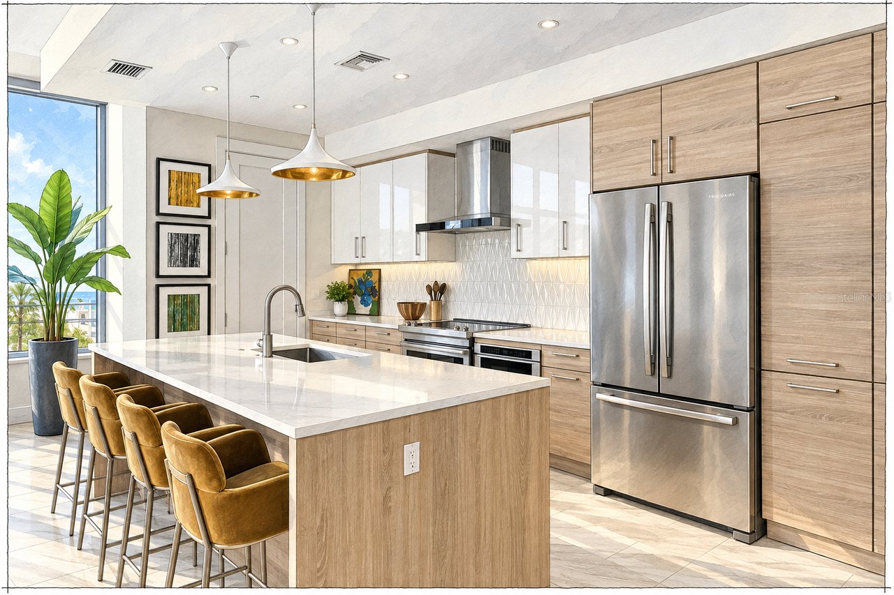 Modern kitchen with a large stone island, mustard bar stools, and a water view through the window.