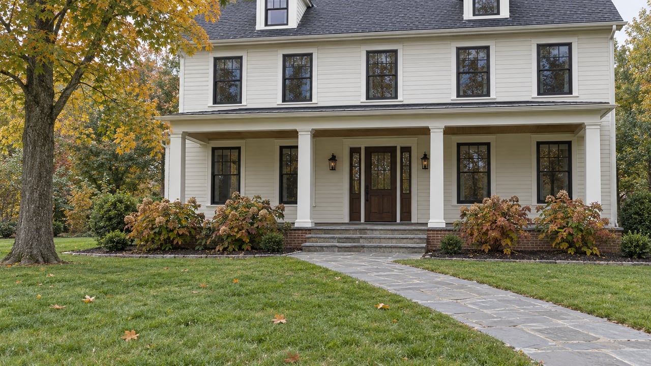 Ivory clapboard home with a covered stone porch, limestone approach, amber maple leaves and oakleaf hydrangeas across a deep lawn.