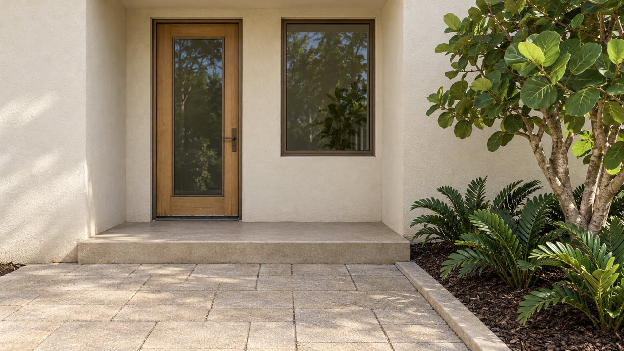 Close view of a pale stucco home entrance with a glazed timber door, bronze-framed window, sandy pavers and sea grape planting.