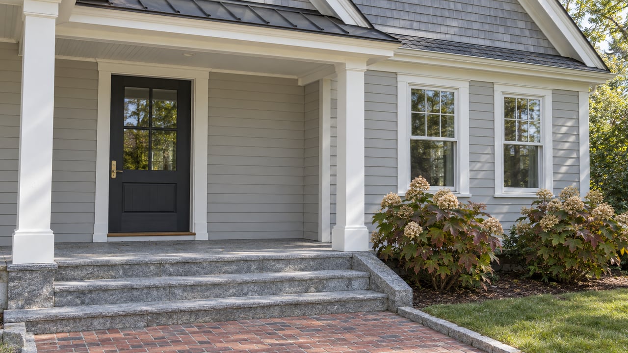 Gray clapboard home with a white-trimmed porch, granite steps and oakleaf hydrangeas in afternoon light.