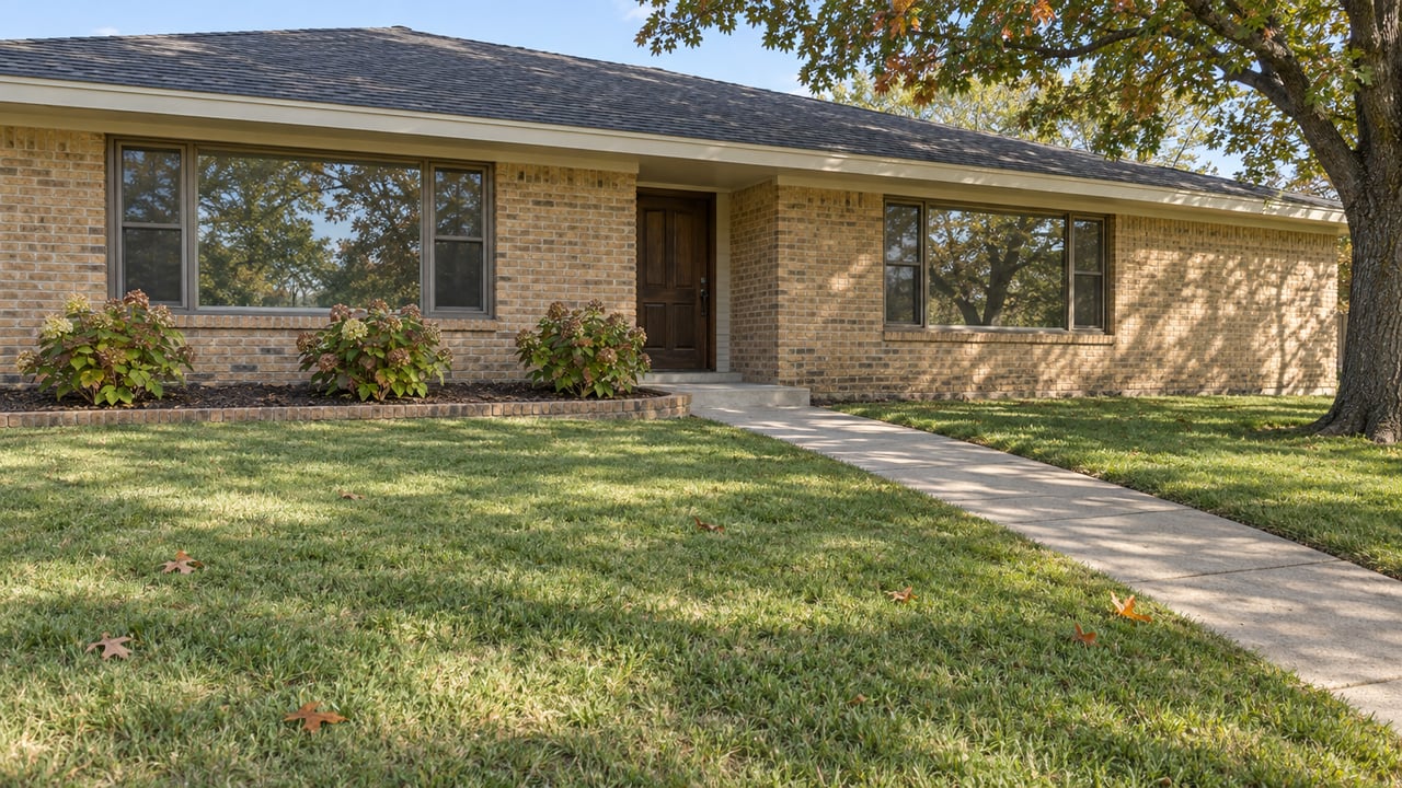 Low view across a broad green lawn toward a buff-brick ranch, with bronze-framed windows and a mature oak beginning to turn russet.